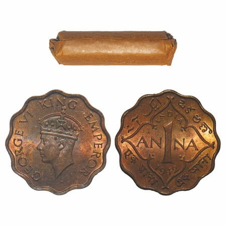 George VI, Nickel-Brass, 1 Anna, 1942, (Roll of 40 coins), Calcutta Mint, Head Type II, No