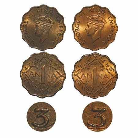 George VI, Nickel-Brass, 1 Anna, (2 coins), 1943, Bombay Mint, Dot, Head Type II, 1) Norma