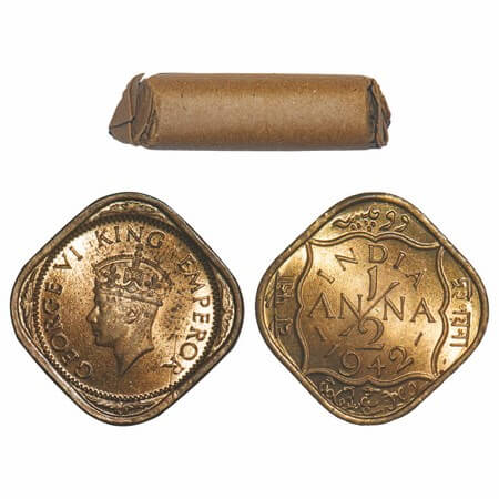 George VI, Nickel-Brass, 1/2 Anna, 1942, (Roll of 24 coins), Bombay Mint, No dots by India