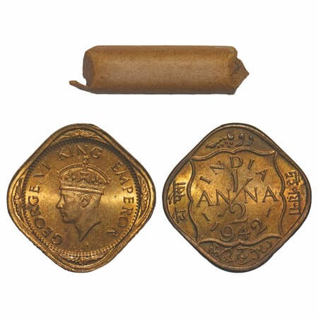 George VI, Nickel-Brass, 1/2 Anna, 1942, (Roll of 24 coins), Bombay Mint, No dots by India