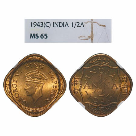 George VI, Nickel-Brass, 1/2 Anna, 1943, Calcutta Mint, Dots by India, Dashes by year. F. 