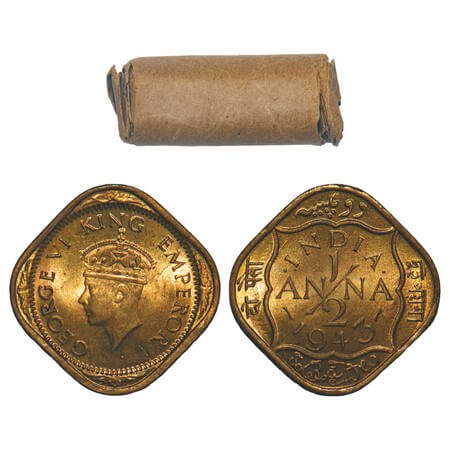 George VI, Nickel-Brass, 1/2 Anna, 1943, (Roll of 24 coins), Calcutta Mint, Dots by India,