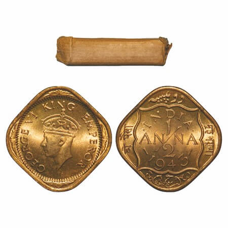 George VI, Nickel-Brass, 1/2 Anna, (Roll of 40 coins), 1943, Calcutta Mint, Dots by India,