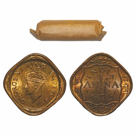 George VI, Nickel-Brass, 1/2 Anna, 1943, (Roll of 24 coins), Calcutta Mint, Dots by India,