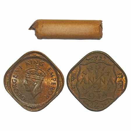 George VI, Nickel-Brass, 1/2 Anna, 1944, (Roll of 24 coins), Calcutta Mint, Dots by India,