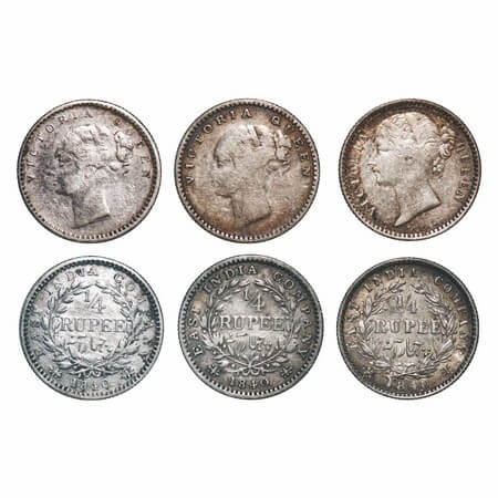 Victoria Queen, Silver, 1/4 Rupee, (3 coins), 1840, 1) CL, Calcutta Mint, A/I, English Hea