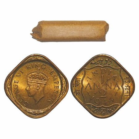 George VI, Nickel-Brass, 1/2 Anna, 1944, (Roll of 24 coins), Calcutta Mint, Dots by India,