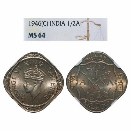 George VI, Copper-Nickel, 1/2 Anna, 1946, Calcutta Mint, Dots by India, Dashes by year. F.