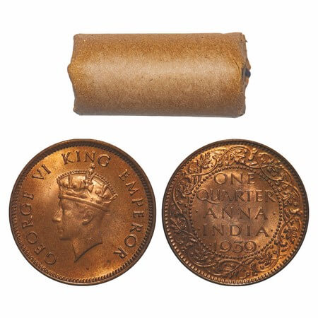 George VI, Bronze, Quarter Anna, 1939, (Roll of 32 coins), Bombay Mint, Dot, Head Type I. 