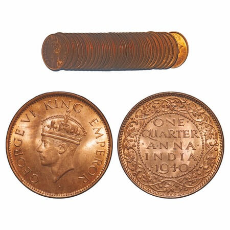 George VI, Bronze, Quarter Anna, (lot of 32 coins), 1940, Bombay Mint, Dot, Head Type II. 
