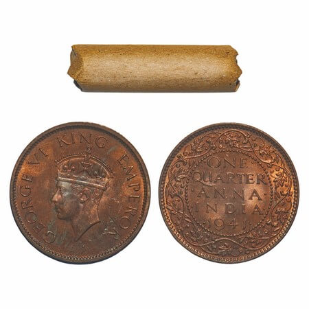 George VI, Bronze, Quarter Anna, 1941, (Roll of 32 coins), Calcutta Mint, No dot, Head Typ
