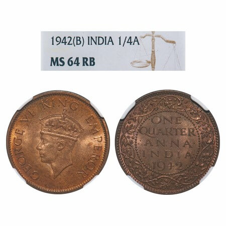 George VI, Bronze, Quarter Anna, 1942, Bombay Mint, Dot, Head Type II. F. Prid 694. GK 143