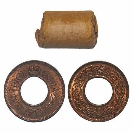 George VI, Bronze, 1 Pice, (Roll of 32 coins), 1943, Bombay Mint, Diamond, Round Crown. 32