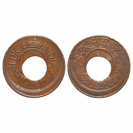 George VI, Bronze, 1 Pice, 1944, Bombay Mint, Dot, Flat crown, Error, 20% Misaligned die. 