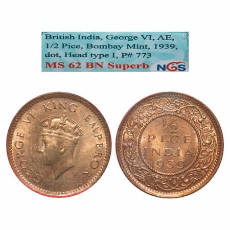 George VI, Bronze, 1/2 Pice, 1939, Bombay Mint, Dot, Head Type I. F. Prid 773. GK 1450. NG