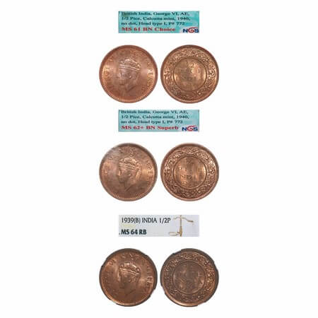 George VI, Bronze, 1/2 Pice, (3 slabs), 1) 1939, Bombay Mint, Dot, Head Type I, 2 & 3) 194