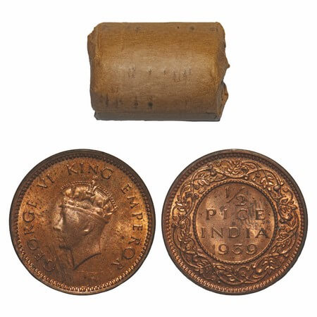 George VI, Bronze, 1/2 Pice, 1939, (Roll of 24 coins), Bombay Mint, Dot, Head Type I, 24 c
