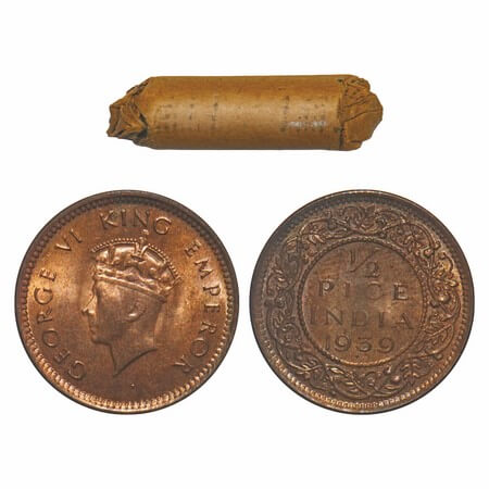 George VI, Bronze, 1/2 Pice, 1939, (Roll of 24 coins), Bombay Mint, Dot, Head Type I, 24 c