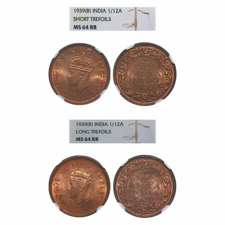 George VI, Bronze, 1/12 Anna, 1939, (2 slabs), 1) Bombay Mint, Dot, Head Type I, 2) Bombay