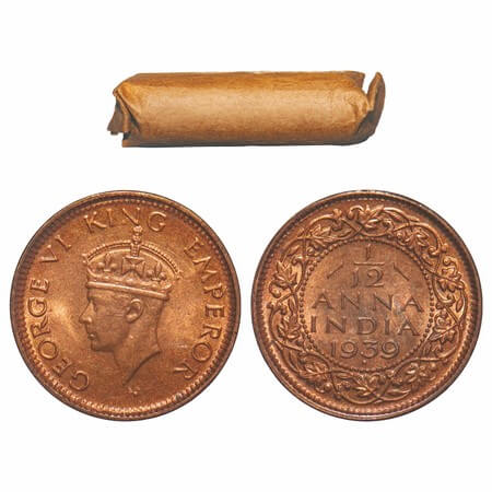 George VI, Bronze, 1/12 Anna, (Roll of 24 coins), 1939, Bombay Mint, Dot, Head Type II. 24