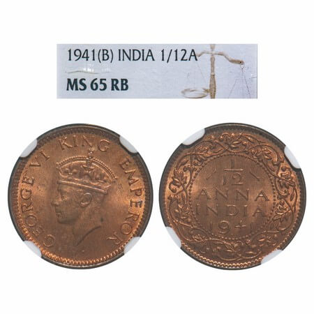 George VI, Bronze, 1/12 Anna, 1941, Bombay Mint, Dot, Head Type II. F. Prid 862. GK 1457. 