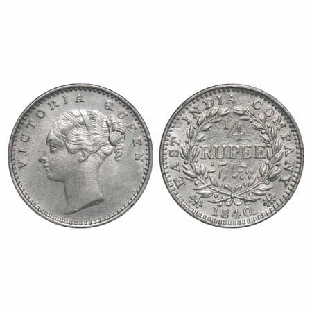 Victoria Queen, Silver, 1/4 Rupee, 1840, CL, Madras Mint, A(a)/I, 'S' incused and 'V' rais