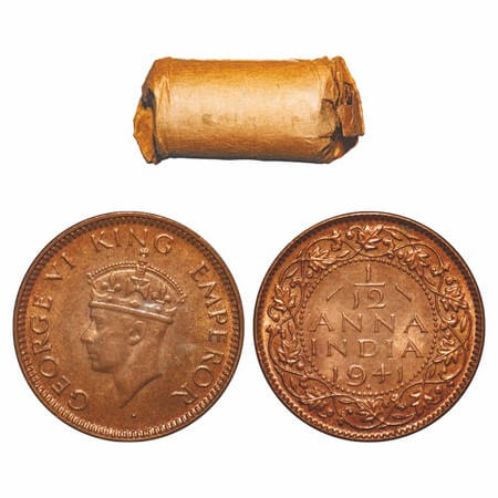 George VI, Bronze, 1/12 Anna, 1941, (Roll of 24 coins), Bombay Mint, Dot, Head Type II, 24