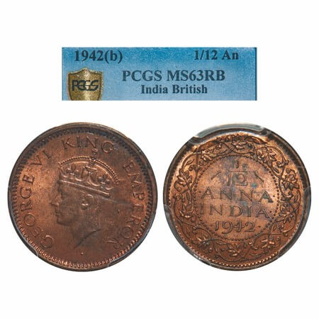 George VI, Bronze, 1/12 Anna, 1942, Bombay Mint, Dots by year, Head Type II. F. Prid 863. 