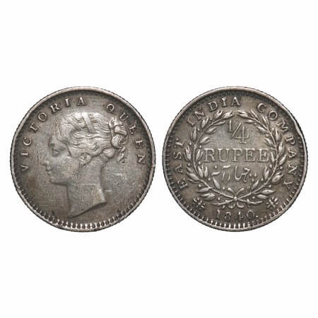 Victoria Queen, Silver, 1/4 Rupee, 1840, CL, Madras Mint, A(a)/I, 'S' incused & 'V' raised