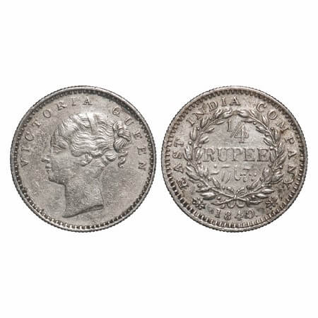 Victoria Queen, Silver, 1/4 Rupee, 1840, CL, Bombay Mint, A(b)/I, English Head, With singl