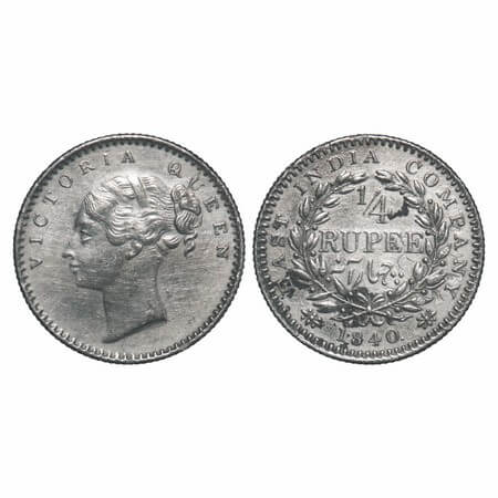 Victoria Queen, Silver, 1/4 Rupee, 1840, CL, Bombay Mint, A(b)/I, English Head, With singl