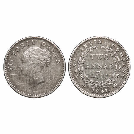 Victoria Queen, Silver, 2 Annas, 1841, CL, Calcutta Mint, A/I, No curl of hairs on 1st top