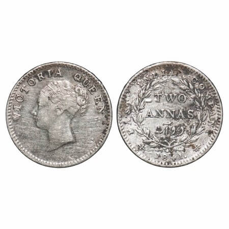 Victoria Queen, Silver, 2 Annas, 1841, CL, Calcutta Mint, A(a)/I, With curl of hairs on 1s