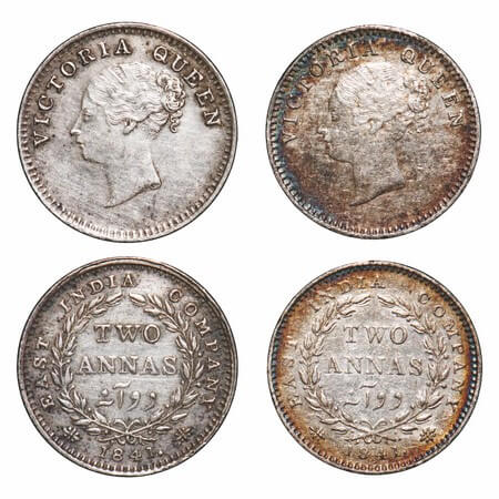 Victoria Queen, Silver, 2 Annas, (2 coins), 1841, CL, 1) Calcutta Mint, A(a)/I, Plain edge