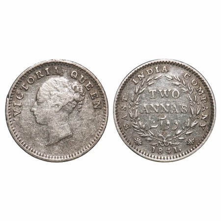 Victoria Queen, Silver, 2 Annas, 1841, CL, Madras Mint, A(a)/I, 'S' incused, With curl of 