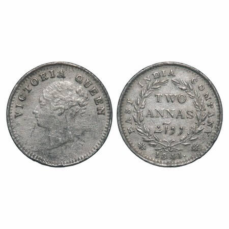 Victoria Queen, Silver, 2 Annas, 1841, CL, Madras Mint, A(a)/I, 'S' incused & 'V' raised, 