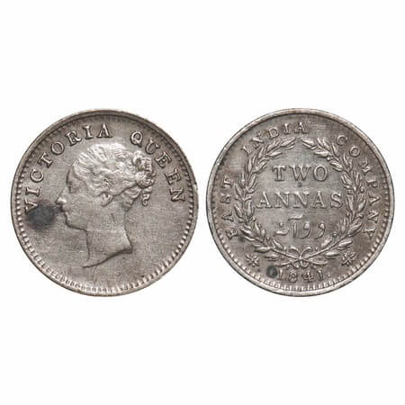 Victoria Queen, Silver, 2 Annas, 1841, CL, Madras Mint, A(a)/I, 'S' incused and 'V' raised