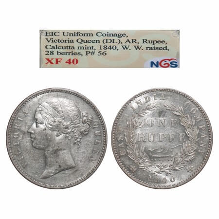 Victoria Queen, Silver, Rupee, 1840, DL, Calcutta Mint, W.W. raised, Wreath with 28 Berrie