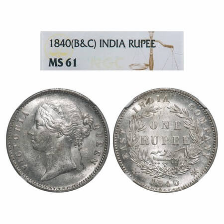Victoria Queen, Silver, Rupee, 1840, DL, Calcutta Mint, W.W. raised, Wreath with 28 Berrie