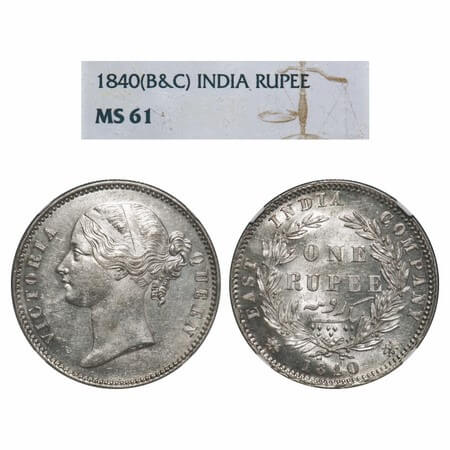 Victoria Queen, Silver, Rupee, 1840, DL, Calcutta Mint, W.W. raised, Wreath with 28 Berrie