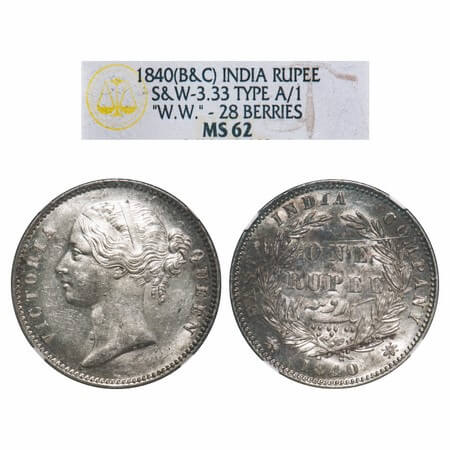 Victoria Queen, Silver, Rupee, 1840, DL, Calcutta Mint, W.W. raised, Wreath with 28 Berrie