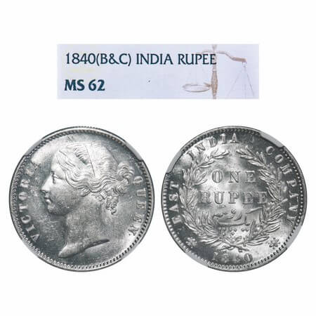 Victoria Queen, Silver, Rupee, 1840, DL, Calcutta Mint, W.W. raised, Wreath with 28 Berrie