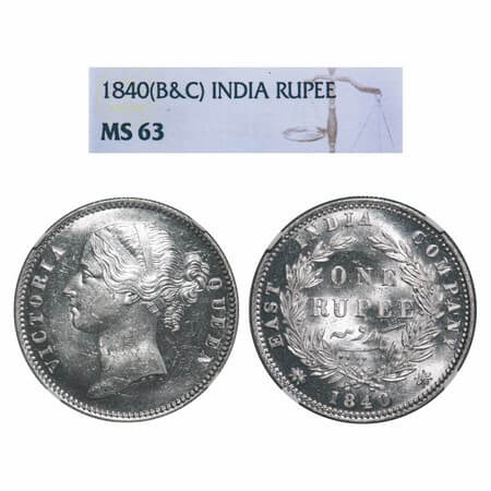 Victoria Queen, Silver, Rupee, 1840, DL, Calcutta Mint, W.W. raised, Wreath with 28 Berrie