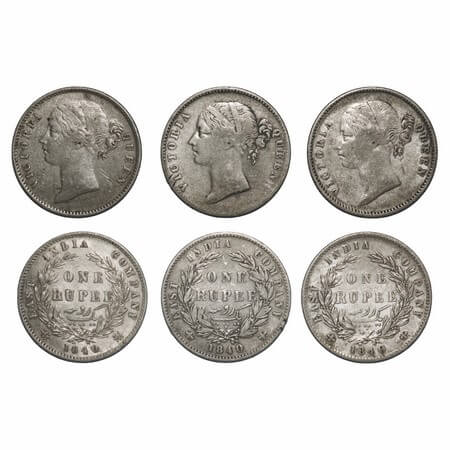 Victoria Queen, Silver, Rupee, (3 coins), 1840, DL, 1) Calcutta Mint, W.W. raised, Wreath 