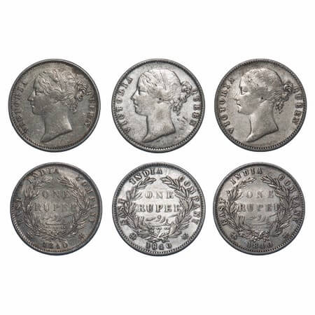 Victoria Queen, Silver, Rupee, (3 coins), 1840, DL, 1 & 2) Calcutta Mint, W.W. raised, Wre
