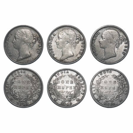 Victoria Queen, Silver, Rupee, (3 coins), 1840, DL, 1 & 2) Calcutta Mint, W.W. raised, Wre