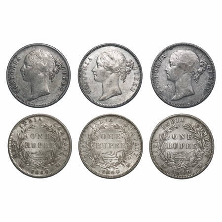 Victoria Queen, Silver, Rupee, (3 coins), 1840, DL, 1 & 2) Calcutta Mint, W.W. raised, Wre