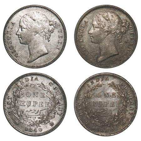 Victoria Queen, Silver, Rupee, (2 coins), 1840, DL, Calcutta Mint, 1) W.W. raised, Wreath 