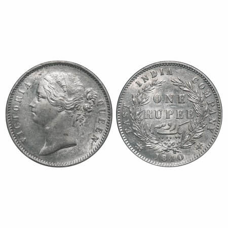 Victoria Queen, Silver, Rupee, 1840, DL, Calcutta Mint, W.W. raised, Wreath with 28 Berrie