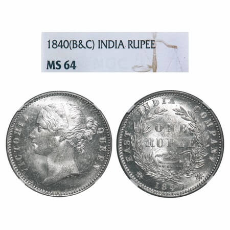 Victoria Queen, Silver, Rupee, 1840, DL, Calcutta Mint, W.W. raised, Wreath with 28 Berrie